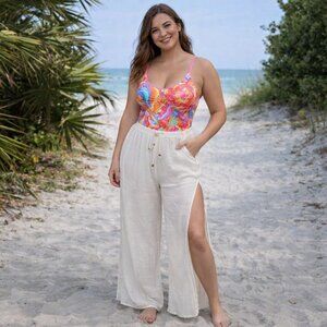 Lulu's Women's Lightweight Cream Beach Cover Up Pants with High Slit, Size Small